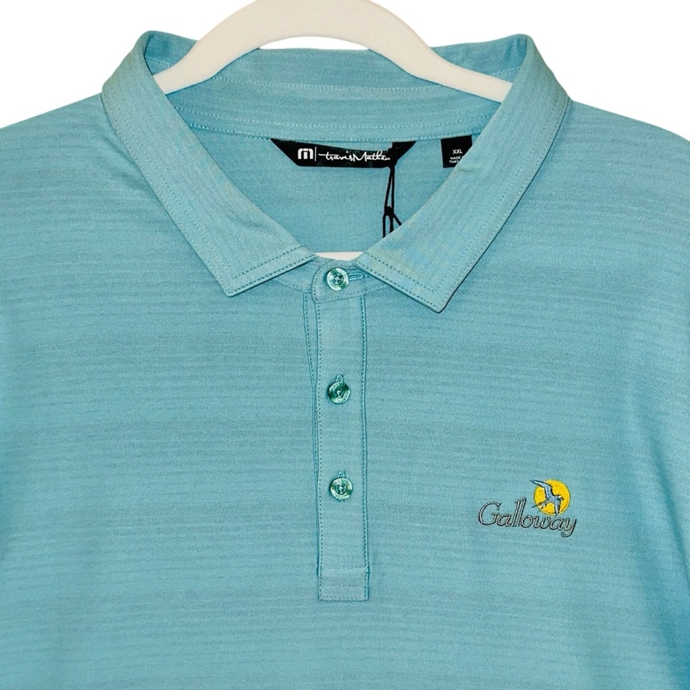 Travis Mathew NWT Galloway National GC Polo Logo Teal Green Gray Stripe XXL